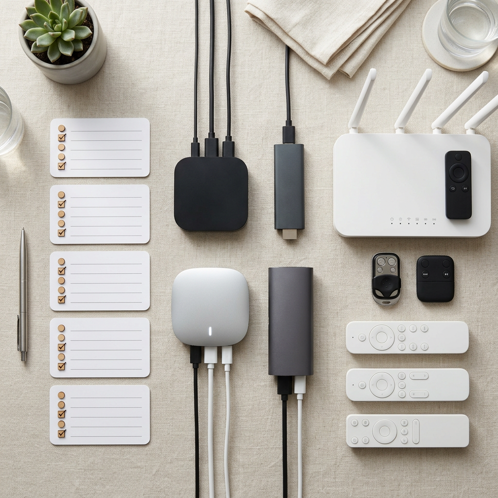 Arranged home technology devices, remotes, chargers, checklists, and accessories on fabric