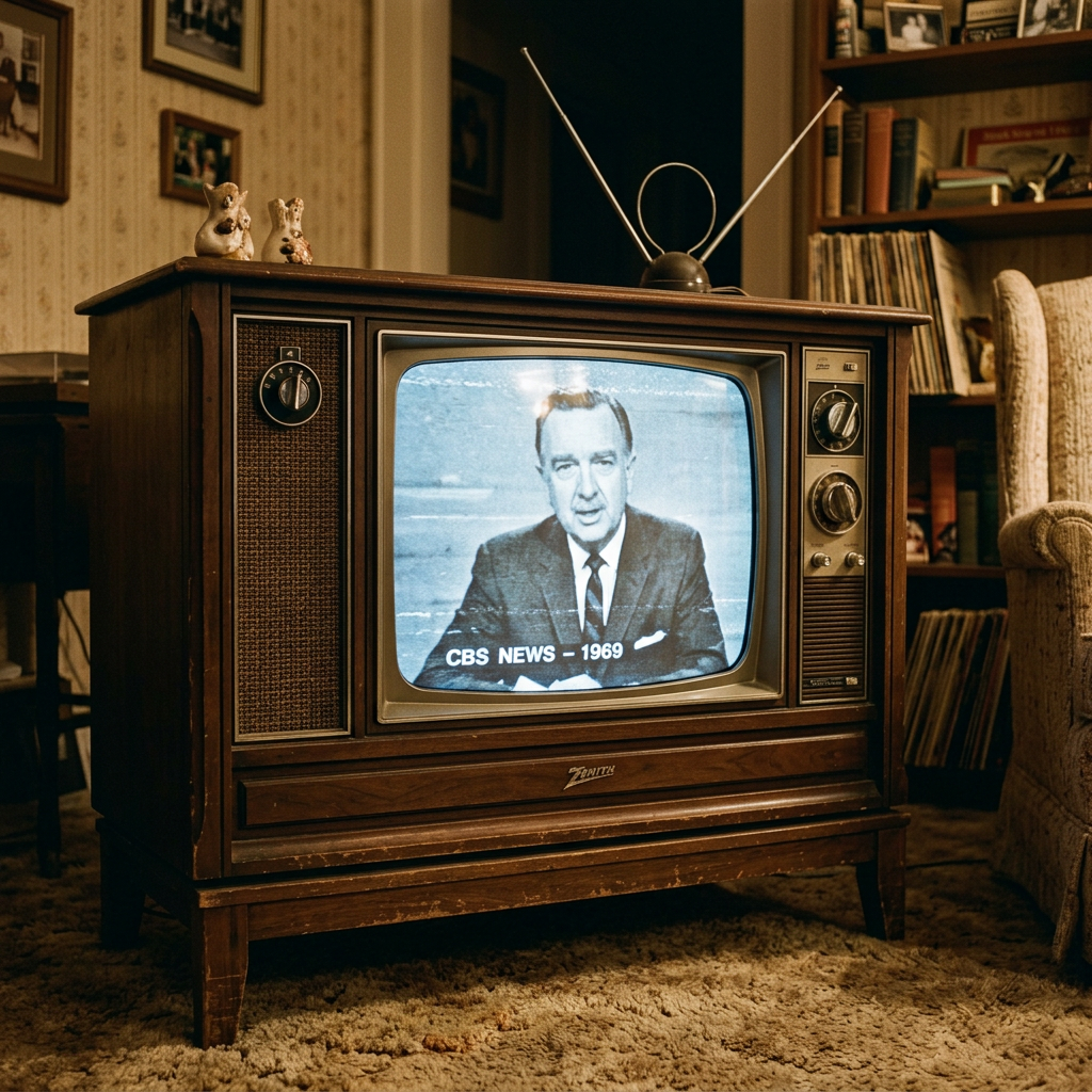 Vintage Zenith television showing CBS News broadcast labeled 1969