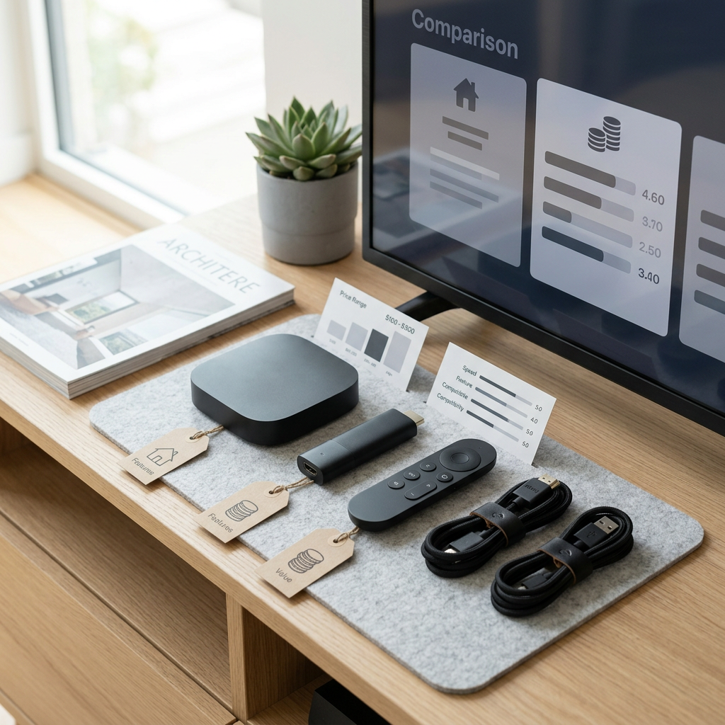 Streaming devices and accessories beside a screen labeled Comparison